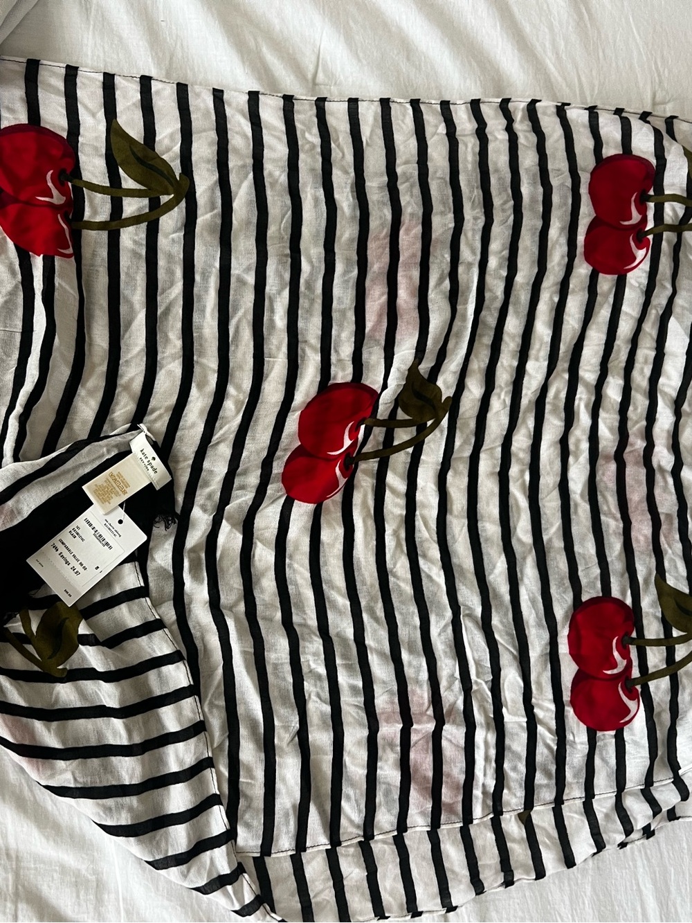 kate spade Black & White Striped Throw with Red Cherry Motif